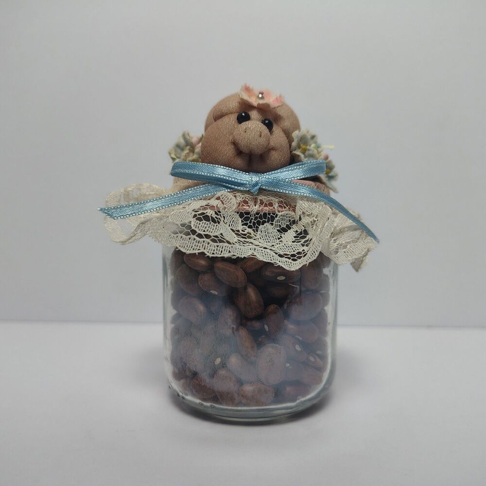 Handmade Decorative Glass Jar With Pig Topper Blue Lace Trim White Fabric Lid